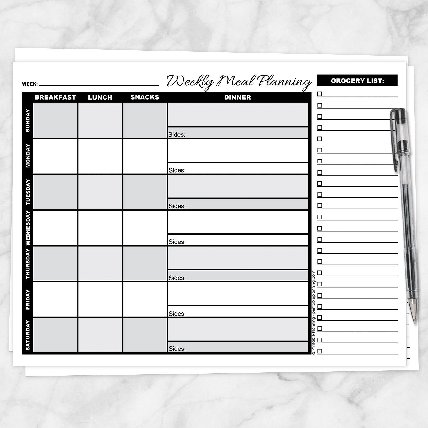 Printable Grayscale Weekly Meal Planning Page with Grocery List at Printable Planning