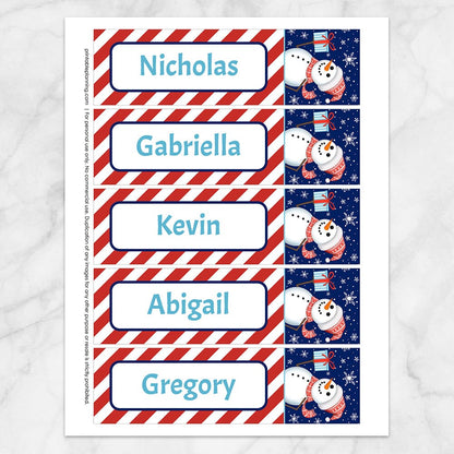 Printable Personalized Winter Snowman Bookmarks, 5 to a printed page, from Printable Planning.